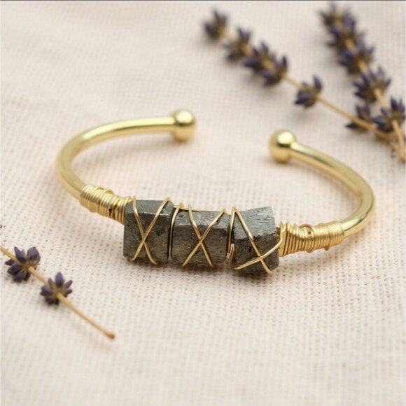 Raw Pyrite Wire Wrap Cuff w/ 14Kt Gold Over Copper – Handmade & Adjustable - Picture 1 of 10